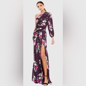 Mac Duggal Purple PLUM FLORAL PRINT ONE SLEEVE SLIT GOWN NWT Large 12 14